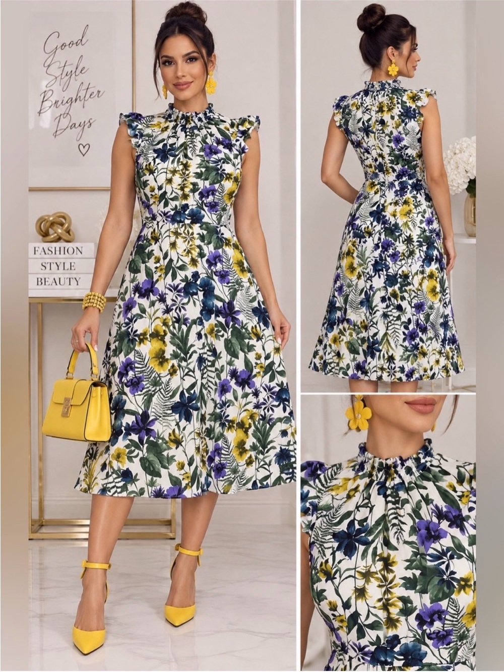 Nina Leonard Floral Maxi Dress Size M White Yellow Purple Sleeveless